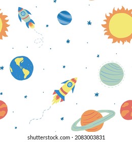 Colorful cosmic vector seamless pattern. Space texture for baby boy stuff design. Cute pattern with hand drawn elements for covers, wall paper, wrapping paper, fabric and other child designs