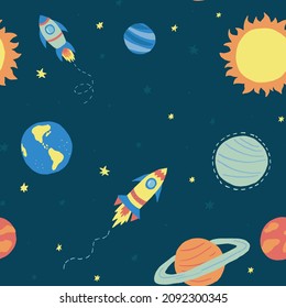 Colorful cosmic vector seamless pattern. Space texture for baby boy stuff design. Cute pattern with hand drawn elements for covers, wall paper, wrapping paper, fabric and other child designs