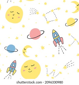 Colorful cosmic vector seamless pattern. Space texture for baby boy stuff design. Cute pattern with hand drawn elements for covers, wall paper, wrapping paper, fabric and other child designs