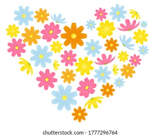 Colorful cosmos flower frame . Autumn cherry blossom message card .  Autumn cherry blossoms in heart