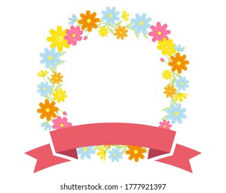 Colorful cosmos flower frame . Autumn  message card　.  ribbon