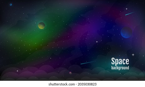 Colorful cosmos with stardust. Vector illustration. Bright color space. Space backdrop with nebula, planets and shining stars. Infinite universe and starry night. Flat style illustration.