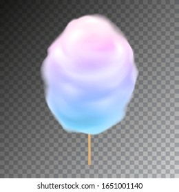 Colorful cotton candy on stick. Sweet fluffy snack vector illustration with transparency.