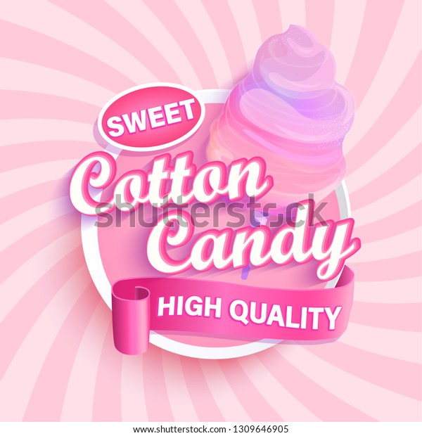 Colorful cotton candy shop logo, label or\
emblem in cartoon style for your design on sunburst background.\
Concept for posters, banners, packing and packages, advertisement.\
Vector illustration.