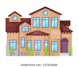 Colorful country house, family cottage, mansion recreation, real estate in provincial style. Facade of residential building. Two-storey family house with rooms, windows, plants. Vector illustration.