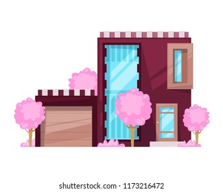 Colorful country house, family cottage, mansion recreation. Real estate in countryside. Facade of residential building. Two-storey family house with garage, high windows, plants. Vector illustration.