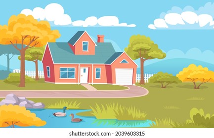 Colorful Country House With Garden And Lake. Cartoon Landscape Vector Illustration