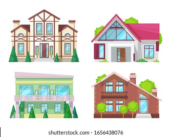 Colorful Country House With Tile Roof Holiday Family Cottage, Mansion Recreation, Real Estate, Cottages, Hotels, Guest House. Facades Of Real Estate, Brick, Buildings With Roof House Vector