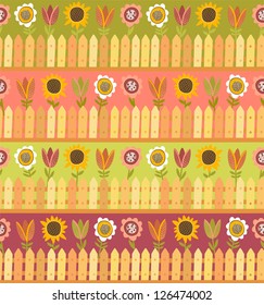 Colorful country seamless pattern with fence and flowers