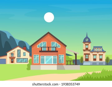 Colorful country town houses with roof, suburban cottages, guest house, mansion, townhouse, house brick, buildings. Facade apartment house. Real Estate vector illustration isolated.