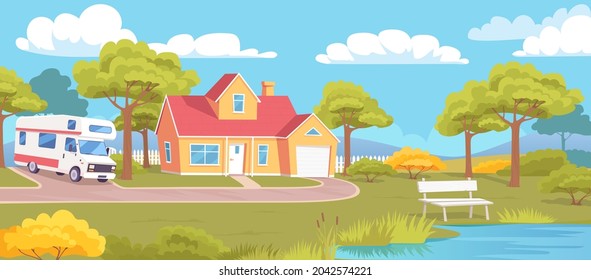 Colorida casa de campo, camping, lago y jardín paisajístico ilustración vectorial