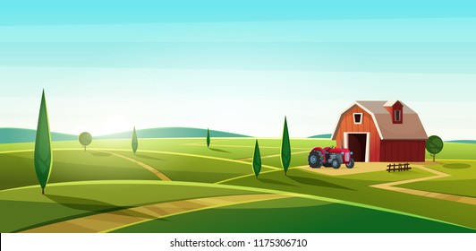 Colorful countryside landscape with a barn and tractor on the hill. Rural location. Cartoon modern vector illustration.