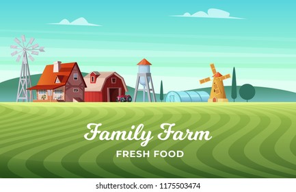 Colorful countryside landscape with a beautiful farm village. Rural location. Wheat field. Farm landscape