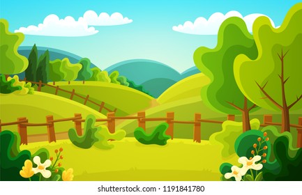 Colorful countryside landscape of fenced fields, bushes and trees. Summer season with green grass, flowers and blue sky. Vector illustration.