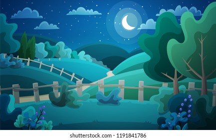 Colorful countryside landscape of fenced fields, bushes and trees. Night scene with moon and stars. Vector illustration.