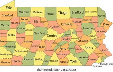 Colorful County Map With Counties Names of the US Federal State of Pennsylvania