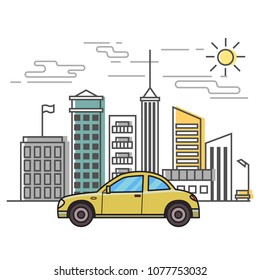 Colorful coupe car on stylized cityscape background. Vector flat illustration. Thin line style, white background.