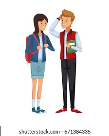 colorful couple students standing of girl in shorts and briefcase with blonded boy with hairstyle in fashion style clothes