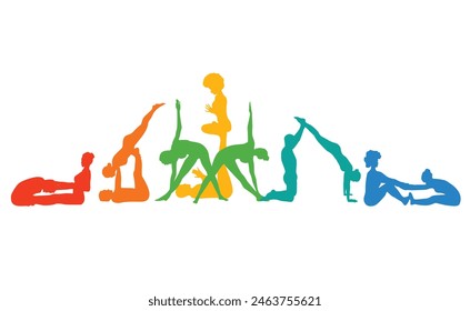 Colorful couples performing yoga. Partner yoga, fitness, wellness, spiritual healing, meditation vector illustration silhouettes isolated on white background
