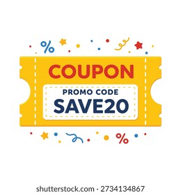 Ilustração de código promocional de cupom colorido com um bilhete de desconto amarelo com o texto "SAVE20", estrelas decorativas, ícones de porcentagem e elementos de confete. Estilo de vetor plano limpo perfeito para promoções de comércio eletrônico, descontos on-line, campanhas de marketing, ofertas especiais, banners de sites, anúncios de mídia social, materiais de venda a varejo e publicidade digital.