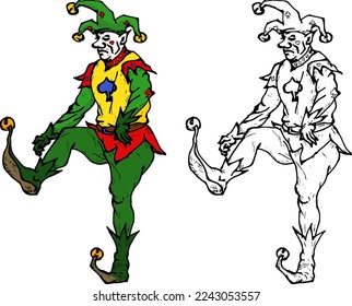 Colorful court jester kicking around, isolated against white. Hand drawn vector illustration.