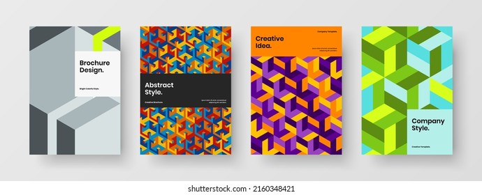 Colorful cover A4 design vector template composition. Unique mosaic tiles leaflet illustration set.