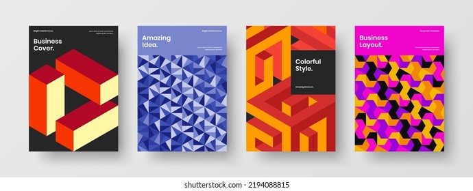 Colorful cover A4 design vector layout bundle. Premium geometric hexagons leaflet illustration composition.