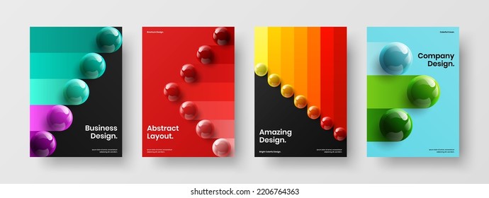 Composición de la ilustración de diseño vectorial de la tapa colorida A4. Conjunto creativo de diseño de volante de esferas 3D.