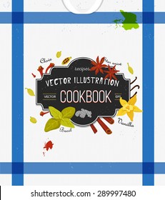 Colorful Cover For Cookbook, Notebook With Spices In Flat Style. Vector Kitchen Backdrop. Stylized Icons. Illustration. Design Elements For Recipe. Kitchen Towel Background. Chalkboard Effect. Eps 10