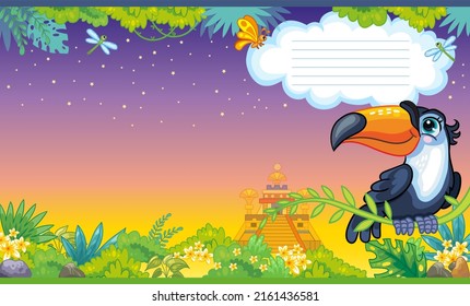 Colorful cover design with cute character toucan in the jungle. Children cartoon background. Vector illustration. Two-page cover for notebooks, books, design, printing, decor, advertising, stationery.