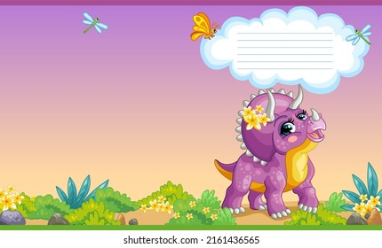 Diseño colorido de portada con adorables triceratops dinosaurios en la naturaleza. Fondo de dibujos animados para niños. Ilustración vectorial. Portada de dos páginas para cuadernos, libros, diseño, impresión, decoración, publicidad, papelería.