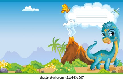 Colorful cover design with cute dinosaur diplodocus in nature. Children cartoon background. Vector illustration. Two-page cover for notebooks, books, design, printing, decor, advertising, stationery.