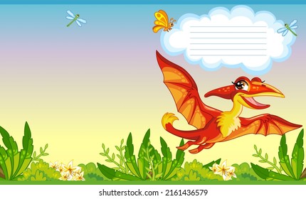 Colorful cover design with cute dinosaur pterodactyl in nature. Children cartoon background. Vector illustration. Two-page cover for notebooks, books, design, printing, decor, advertising, stationery.