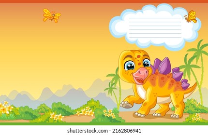 Colorful cover design with cute dinosaur stegosaurus in nature. Children cartoon background. Vector illustration. Two-page cover for notebooks, books, design, printing, decor, advertising, stationery.