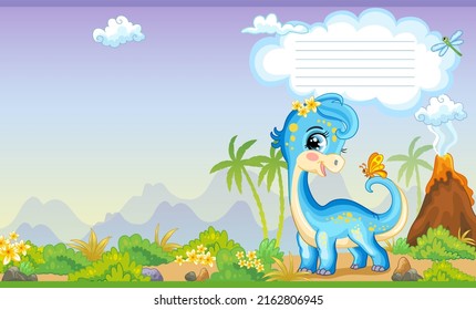 Colorful cover design with cute dinosaur diplodocus in nature. Children cartoon background. Vector illustration. Two-page cover for notebooks, books, design, printing, decor, advertising, stationery.