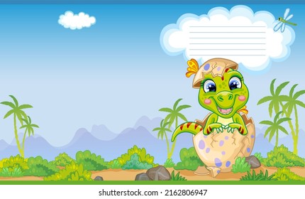 Colorful cover design with cute dinosaur tyrannosaurus in nature. Children cartoon background. Vector illustration. Two-page cover for notebooks, books, design, printing, decor, advertising,stationery