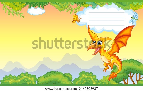 Colorful cover design with cute dinosaur pterodactyl in nature. Children cartoon background. Vector illustration. Two-page cover for notebooks, books, design, printing, decor, advertising, stationery.