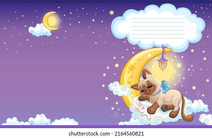 Colorful cover design cute kitten is sleeping on the moon. Children cartoon background. Vector illustration. Two-page cover for notebooks, books, design, printing, decor, advertising, stationery.