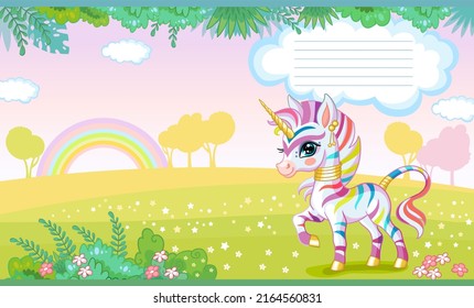 Colorful cover design with cute zebra unicorn a blooming meadow. Children cartoon background. Vector illustration. Cover page template layout. For notebooks, planners, brochures, books. Two-page cover