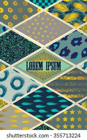 Colorful cover in patchwork style in turquoise shades with gold elements for cover brochure, flyer, poster, book, invitation card. Vector illustration