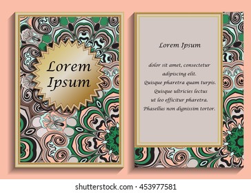 Colorful cover with pattern of mandala in oriental style. Card or brochure vintage design. Floral designed flyer.