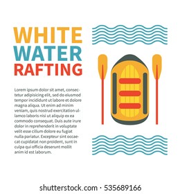 Colorful cover template for white water rafting with raft illustration and place for text. Vector art, flat design. Could be used for brochures, flyers; advertising; web design etc.