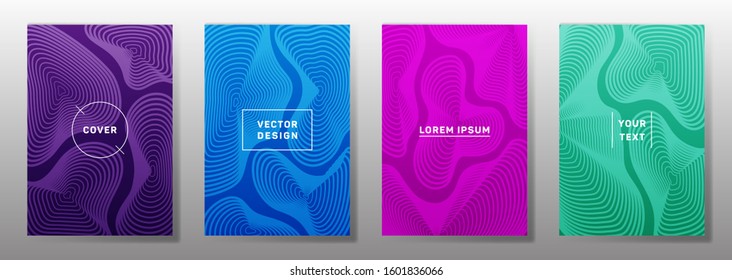 Colorful cover templates set. Fluid curve shapes geometric lines patterns. Abstract poster, flyer, banner vector backgrounds. Lines texture, header title elements. Annual report covers.