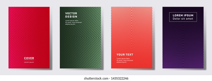 Colorful cover templates set. Geometric lines patterns with edges, angles. Cool backgrounds for notepads, notice paper covers. Line shapes patterns, header elements. Cover page layouts set.