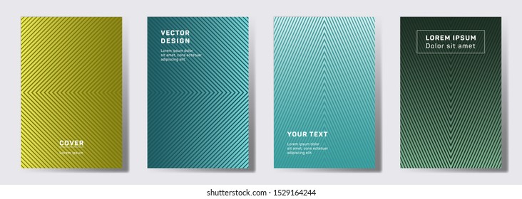 Colorful cover templates set. Geometric lines patterns with edges, angles. Abstract backgrounds for notepads, notice paper covers. Line stripes graphics, title elements. Cover page templates.