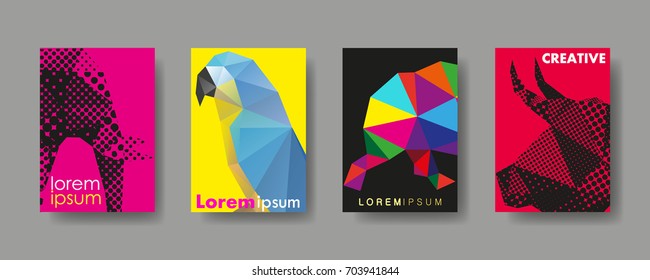 Colorful cover trendy design template animals, Vector backgrounds set. Design industry for posters, placards,banners, flyers. Hand drawn illustration.