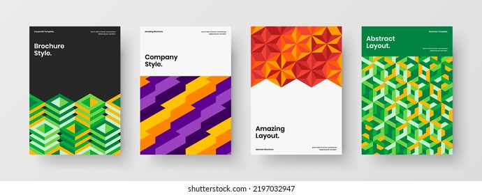 Composición del concepto de diseño de vectores de cubierta colorida. Conjunto de plantillas de folletos hexagonales de mosaico original.