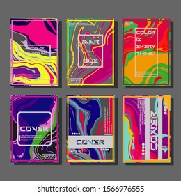 Colorful covers design set. Abstract shapes, holographic, fluid and liquid colors, trendy gradients. Futuristic vector posters.