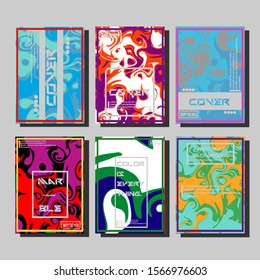Colorful covers design set. Abstract shapes, holographic, fluid and liquid colors, trendy gradients. Futuristic vector posters.
