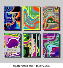 Colorful covers design set. Abstract shapes, holographic, fluid and liquid colors, trendy gradients. Futuristic vector posters.